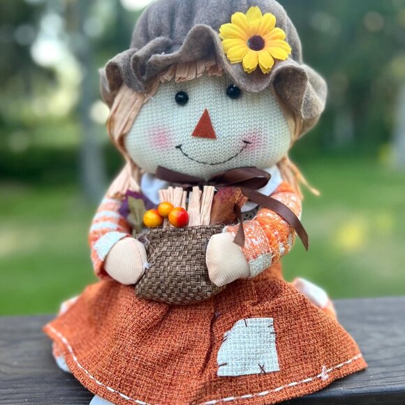 Plaid Apron Girl Scarecrow Shelf Sitter Fall Decor Thanksgiving Decoration Gift - Picture 3 of 4